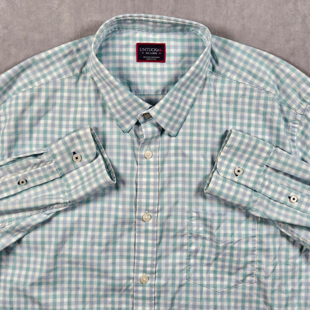 UNTUCKit Button Up Shirt Mens XXL Blue‎ Gingham Check Nylon Performance Pocket